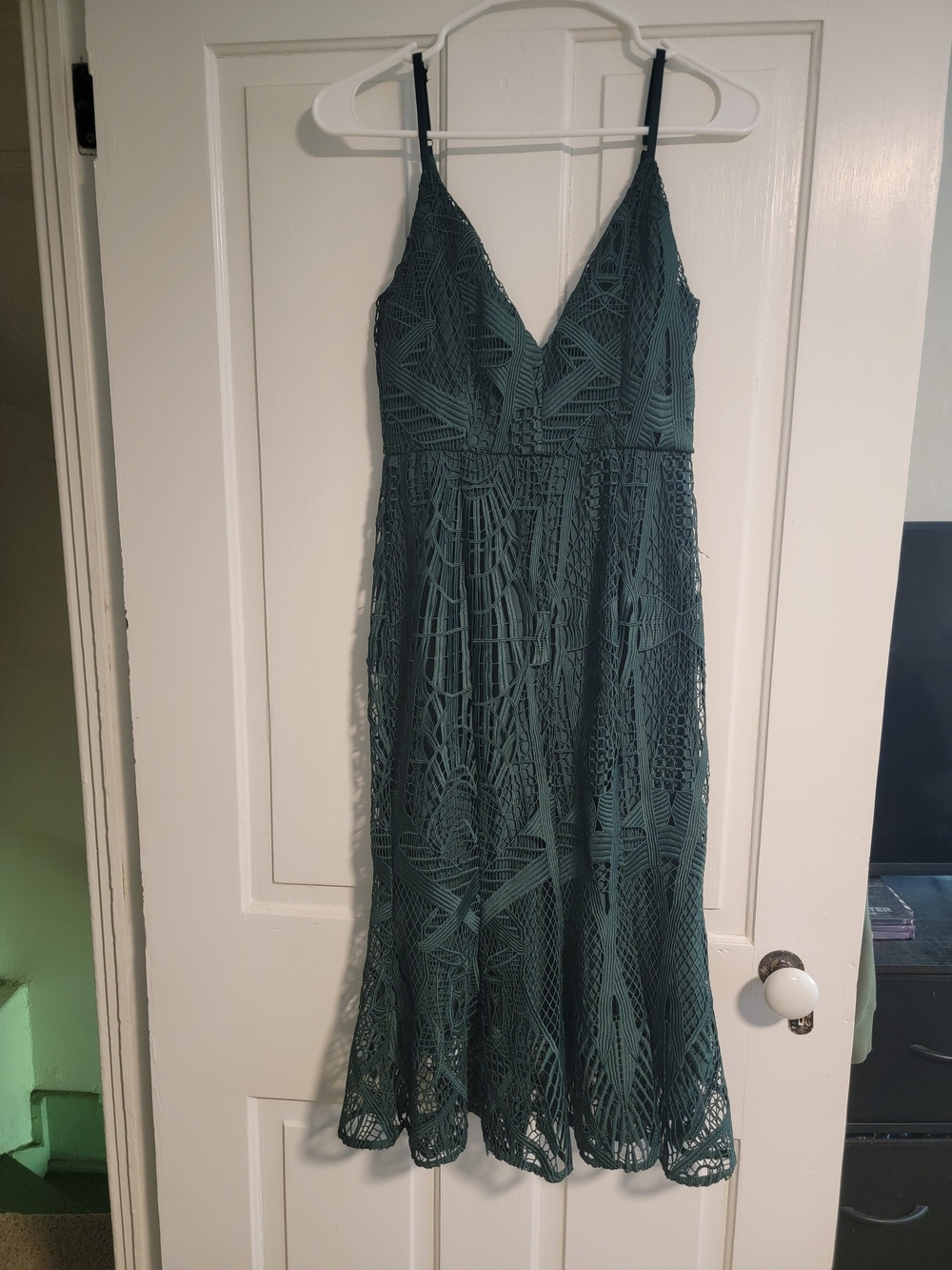 Sleeveless Teal Lace Midi Dress with V-Neck